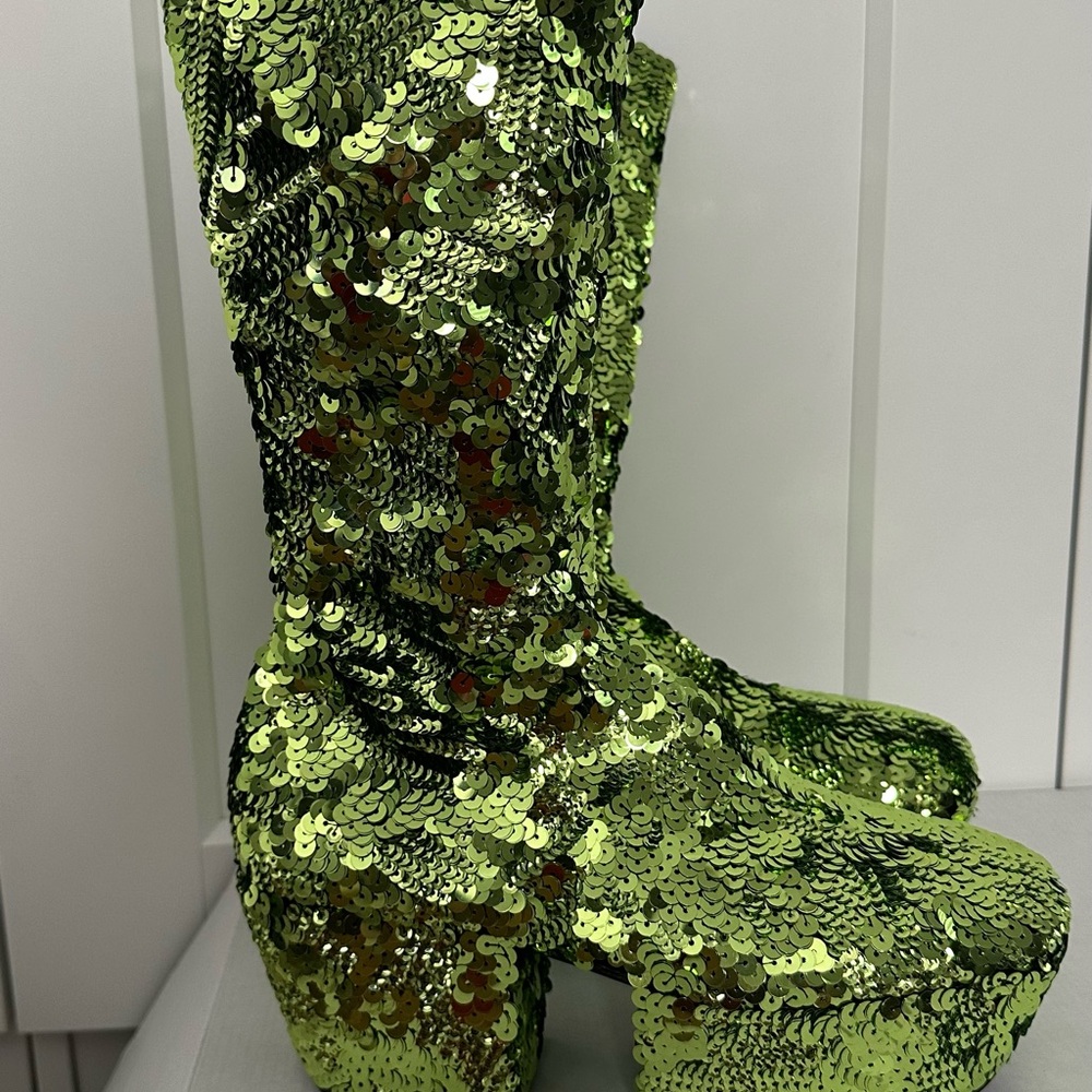 Prada Green Sequined Platform Boots - Picture 9 of 12
